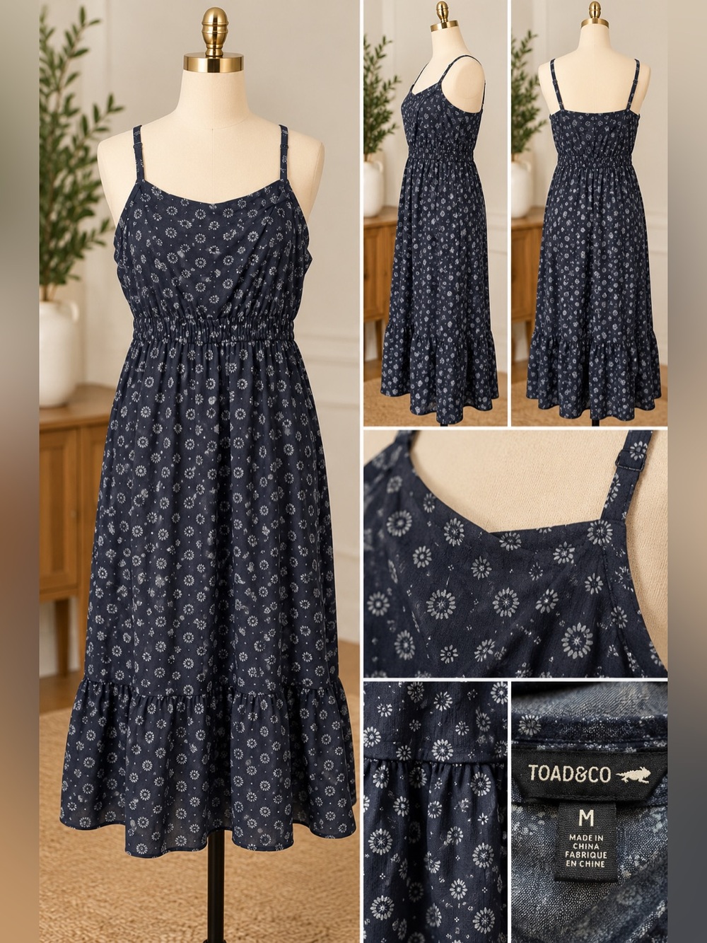 Toad&Co Navy Floral Print Midi Dress Smocked Waist Tiered Hem Size M